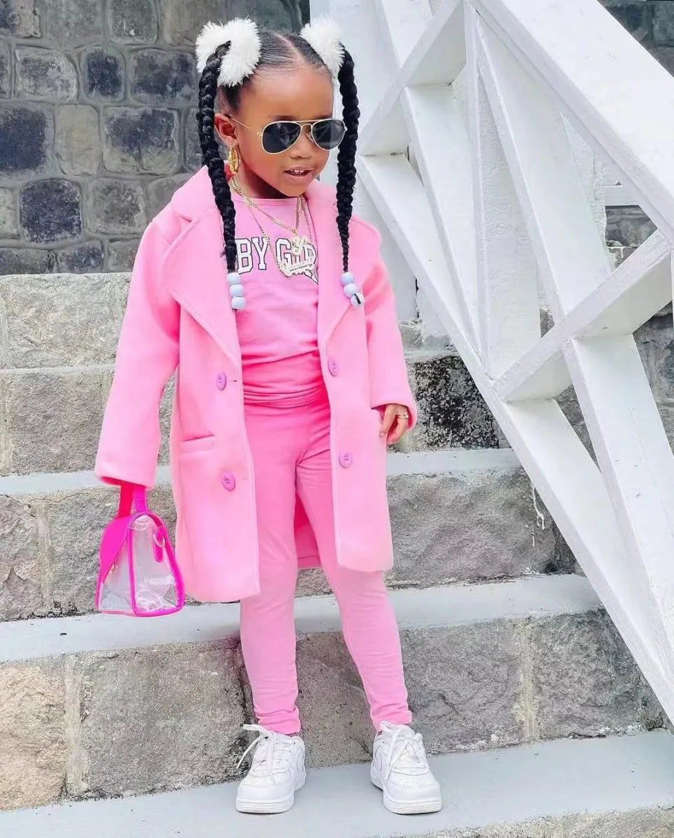 Girls' autumn winter jacket, t-shirt, and pants set by SHOWLU FASHION STORE featuring warm long coat and casual kids clothing.