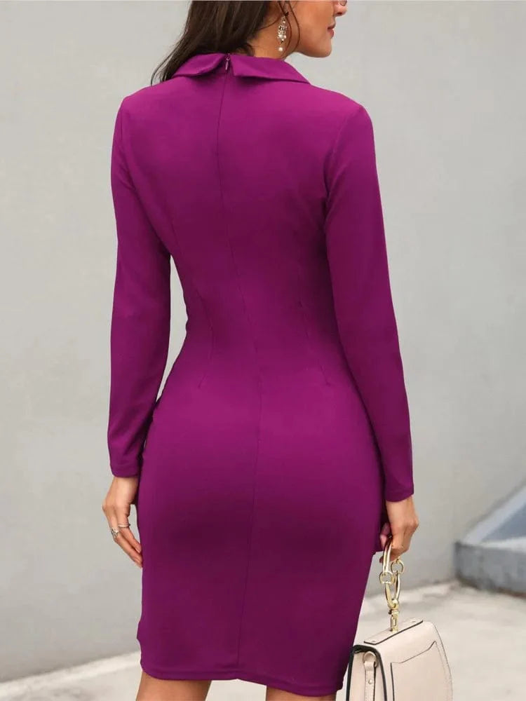 Owner Girl women's notched neck long sleeve slim midi pencil dress, stylish autumn-winter office work attire, elegant bodycon fit.