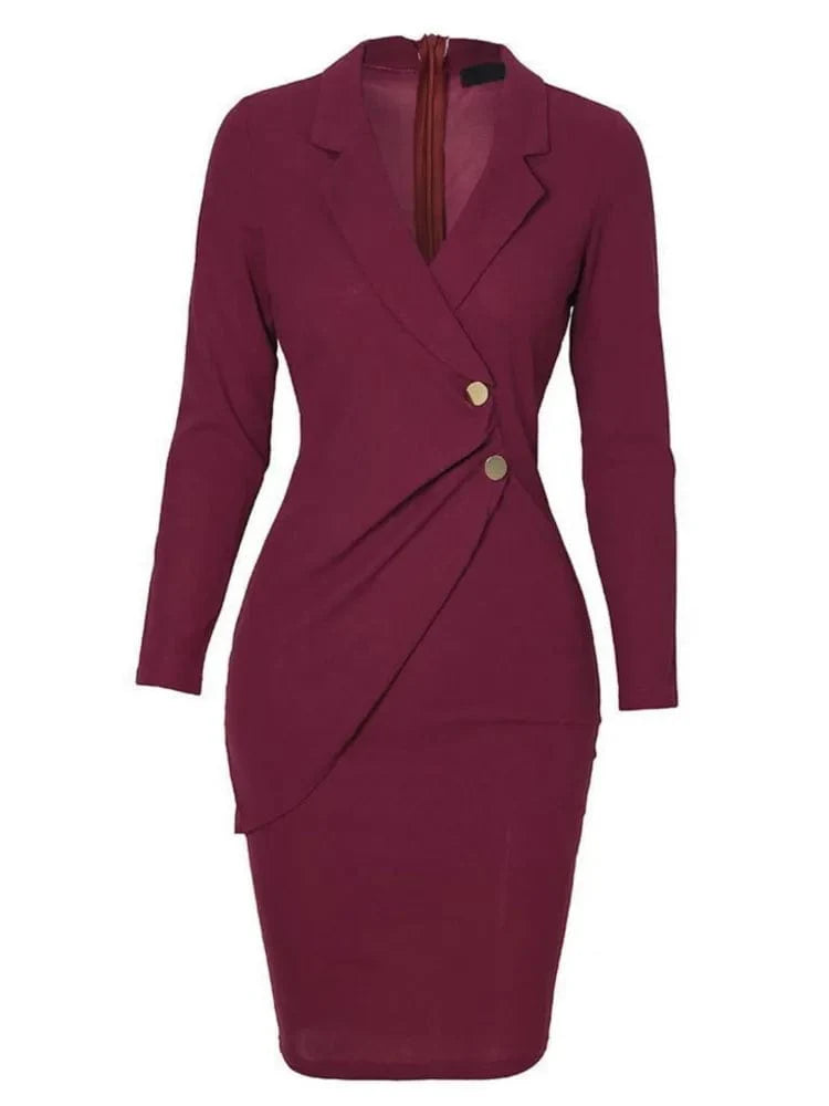 Owner Girl women's long sleeve slim midi pencil dress with notched neck, perfect for office and autumn-winter fashion.