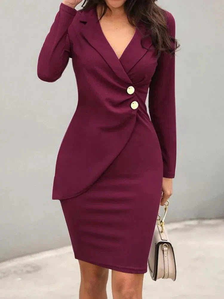 Owner Girl Women's slim midi pencil dress with notched neckline, long sleeves, perfect for office or autumn-winter workwear.