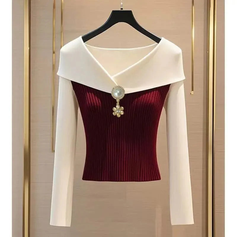 SHOWLU Women's V-Neck Ribbed Knit T-Shirt, slim fit long sleeve top in warm solid color, perfect for autumn and winter fashion.
