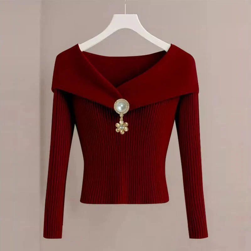 SHOWLU Women's V-Neck Ribbed Knit T-Shirt with long sleeves, slim fit, warm, elegant Korean fashion top in solid color.