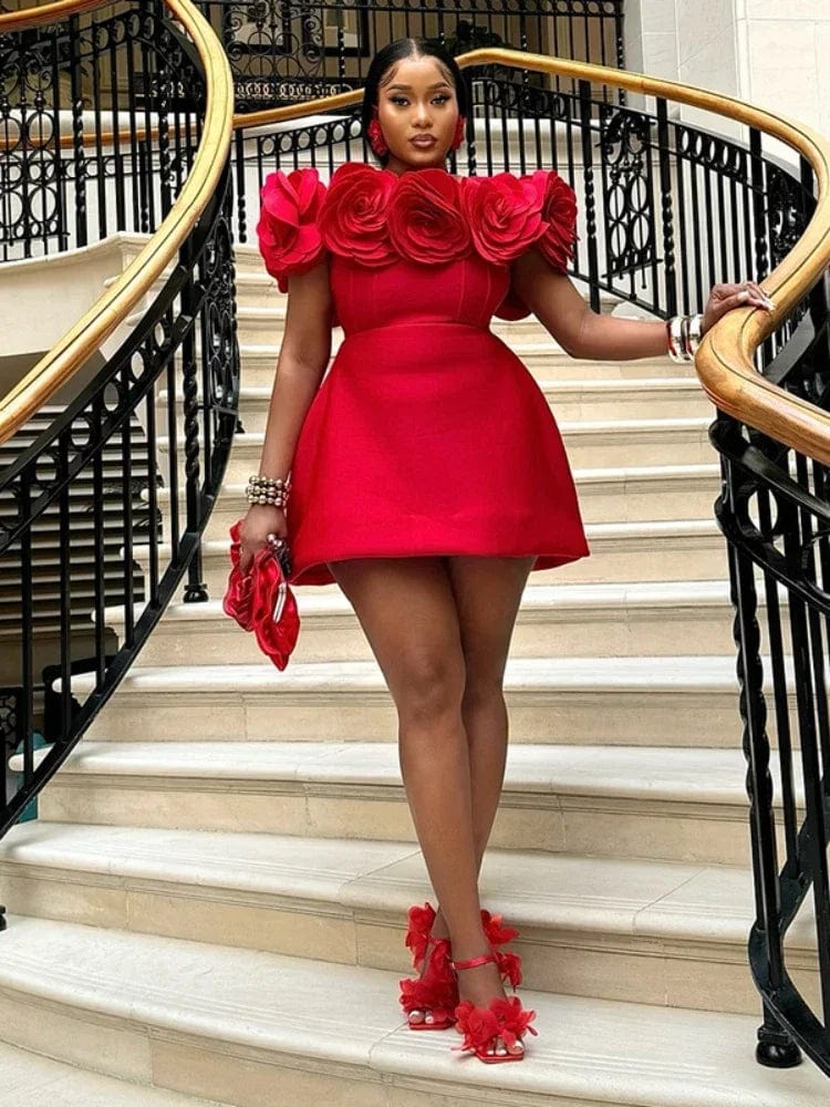 AOMEI Women's 3D Flower Mini Party Dress in retro A-line style with high waist, short length, pleated design, perfect for holidays.