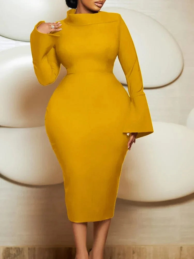 Aimei Women's African Bodycon Party Dress with long sleeves, sheath midi style, solid color, featuring a diagonal collar and hip fit.