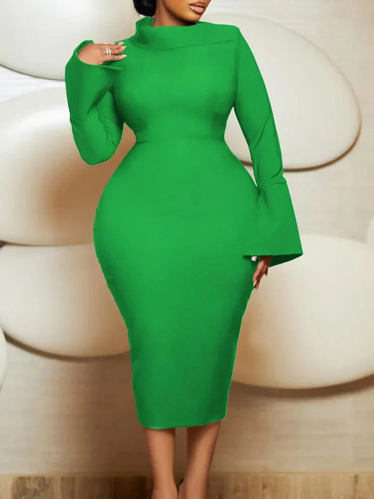 A woman wearing a long-sleeve African bodycon midi dress with a diagonal collar, solid color, suitable for party or holiday wear.