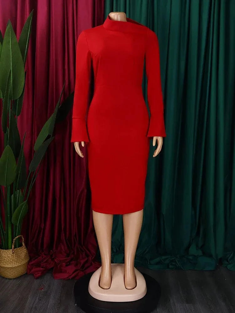 Aimee Women's African Bodycon Party Dress with long sleeves, sheath midi style, solid color, suitable for autumn and winter events.