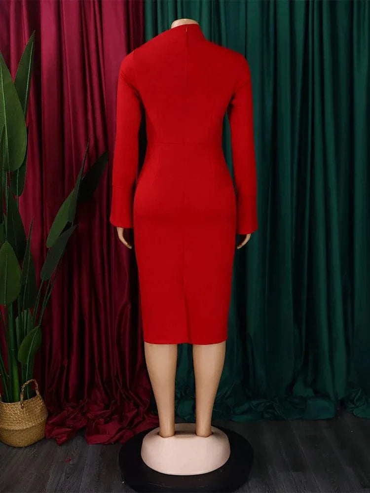 A woman wearing a SHOWLU FASHION STORE African bodycon party dress with long sleeves, midi length, solid color, and diagonal collar.