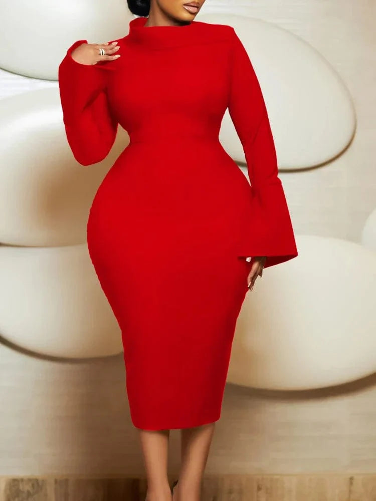 Aimei Women's African Bodycon Party Dress with long sleeves, sheath midi style, solid color, perfect for autumn and winter events.