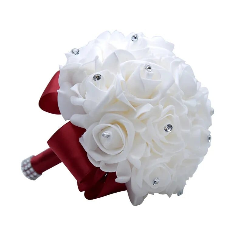 White silk rose bridal bouquet with foam flowers in a romantic satin design, perfect for wedding or bridesmaid accessories.