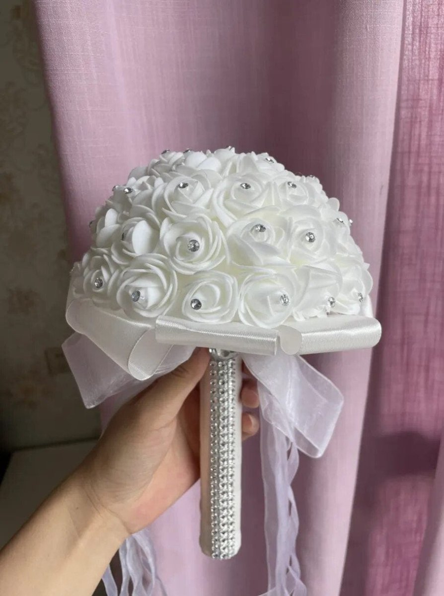 AYiCuthia bridal bouquet with white silk roses and foam flowers, romantic satin wedding bouquet for bridesmaids or brides.