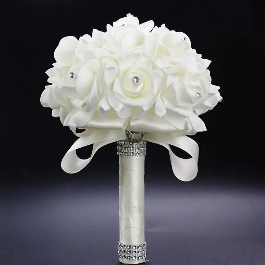 AyCuthia bridal bouquet with white satin roses and foam flowers, elegant silk wedding bouquet for bridesmaids and brides.