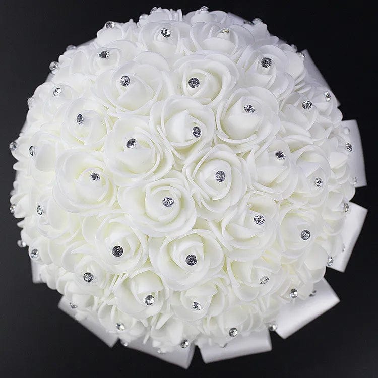 AYiCuthia bridal bouquet with white satin roses and foam flowers, elegant silk flower arrangement for wedding or bridesmaid.