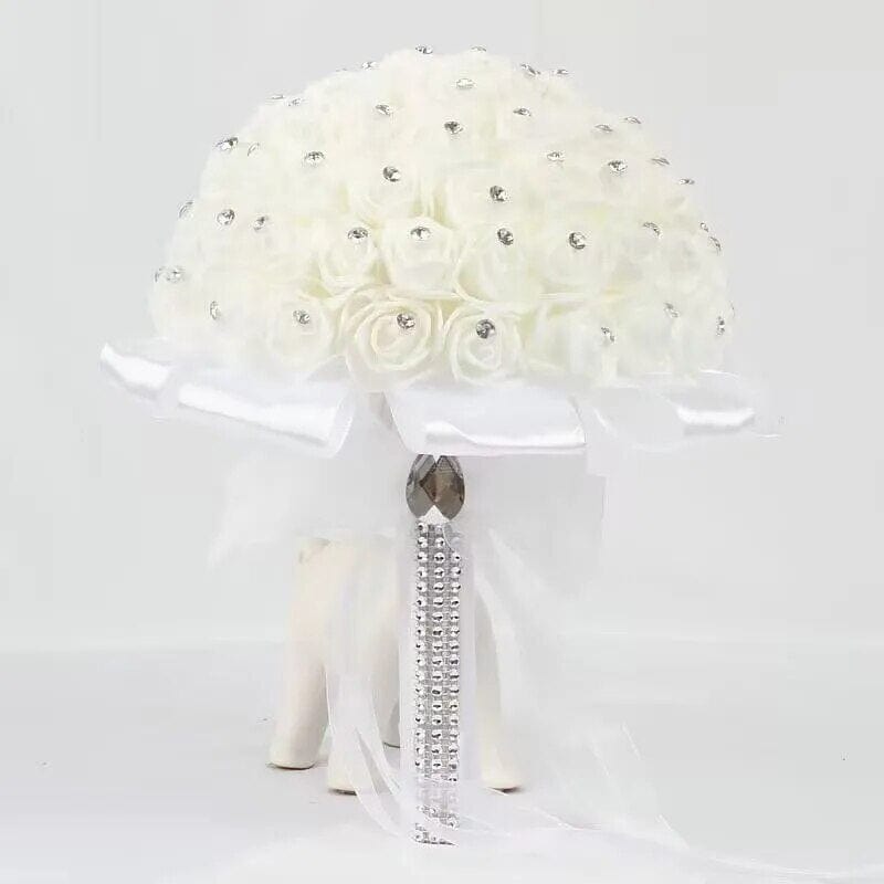 AYiCuthia bridal bouquet with white satin roses and foam flowers, featuring elegant silk roses for wedding or bridesmaid accessories