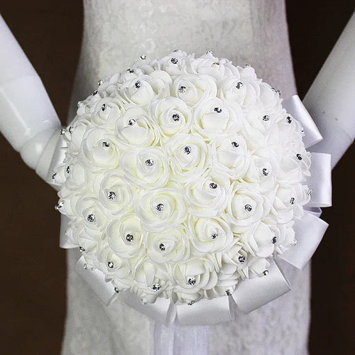 White silk rose bridal bouquet with foam flowers and satin accents, perfect for wedding and bridesmaid floral arrangements.