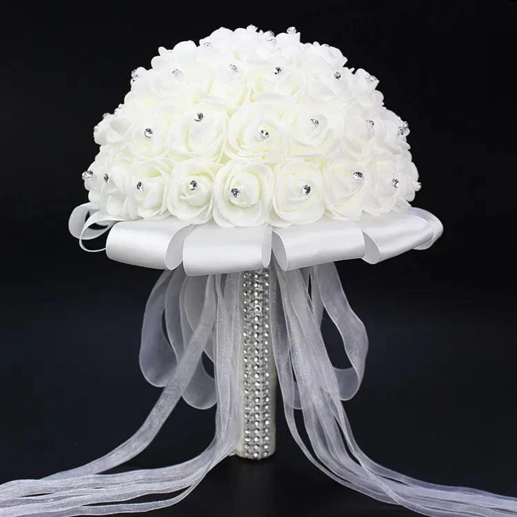 AyCuthia bridal bouquet with white satin roses, silk flowers, and foam roses for wedding or bridesmaid, romantic white wedding bouquet