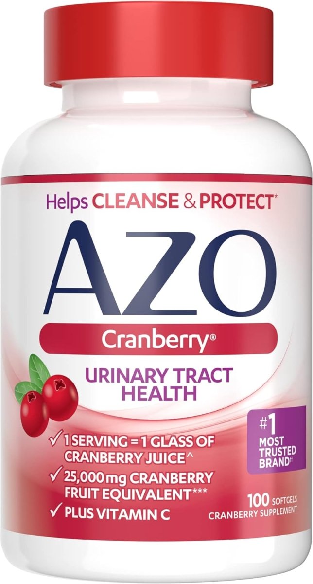 AZO Cranberry Supplement softgels for urinary tract health, featuring concentrated cranberry powder, sugar-free, non-GMO.