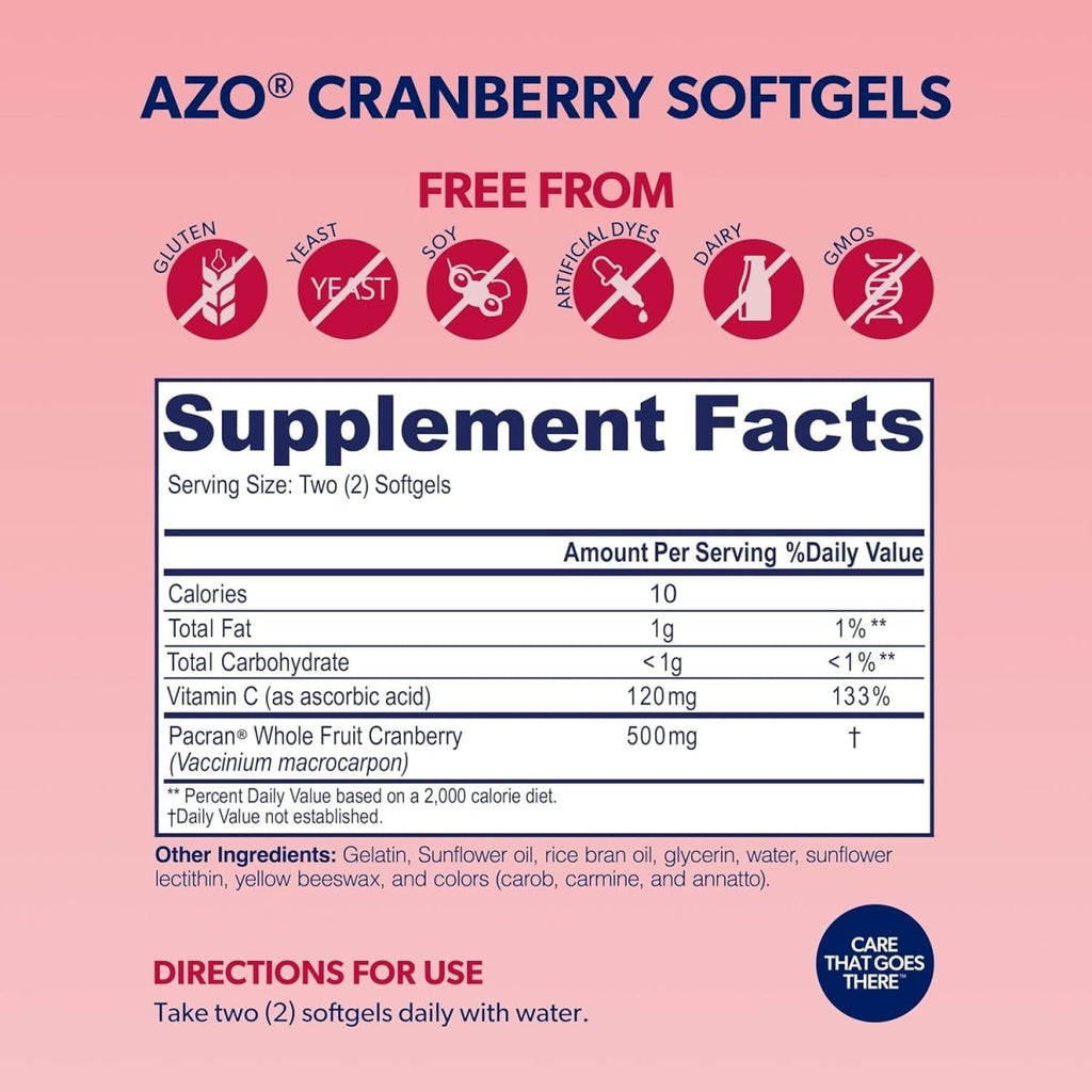 AZO Cranberry Supplement softgels for urinary tract health, featuring cranberry powder to help cleanse and protect the urinary system.