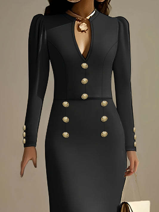 Graceful Special Solid Color Fashion Button-Decorated Dress for Commuting, Outings, and Gatherings LL425 (No Belt)