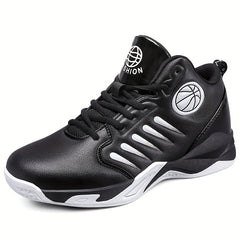 Men's High-Top Basketball Shoes - Stylish & Sporty, Breathable Synthetic Faux Leather with Non-Slip Rubber Sole, Comfortable for Daily Wear & Athletic Activities, Black & Red with Basketball Emblem, Basketball Accessories