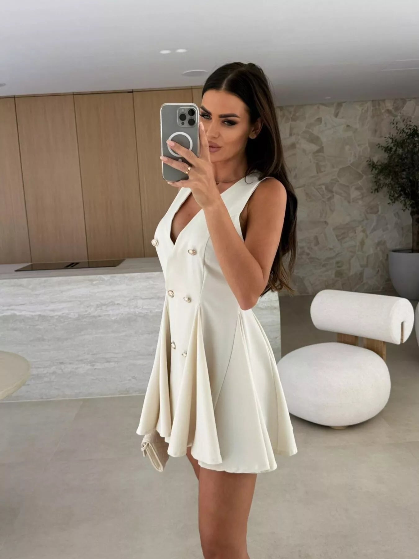 Double-breasted V-neck mini dress by Trendsi, featuring a tailored fit and stylish design, shown in a flattering front view.