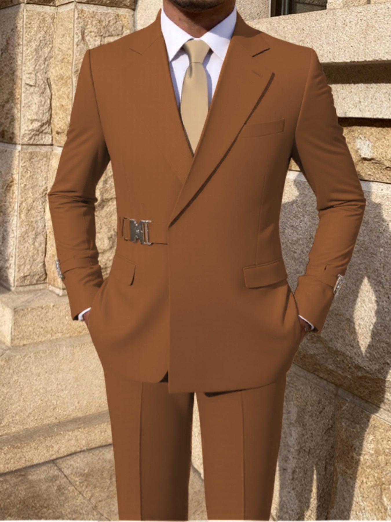 Men's SHOWLU FASHION 2-piece skinny fit solid formal wedding suit, front view showcasing tailored fit and classic style.