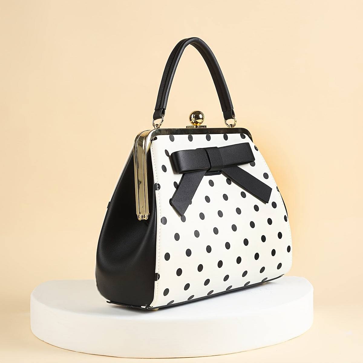 SHOWLU Polka Dot Patent Leather Handbag with Bow, kiss lock closure, and top handle for a stylish, vintage-inspired look.