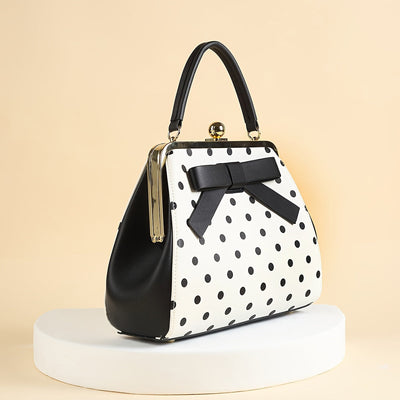 SHOWLU Polka Dot Patent Leather Handbag with Bow and Kiss Lock Closure