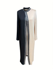 [Elegant Bodycon Dress] Elegant Long Sleeve Bodycon Dress | Women's Color Block Sleeves & Side Slit - Long Length Round Neck Spring/Fall Dress, Hand Wash Only, Sophisticated Fashion, Strappy Details