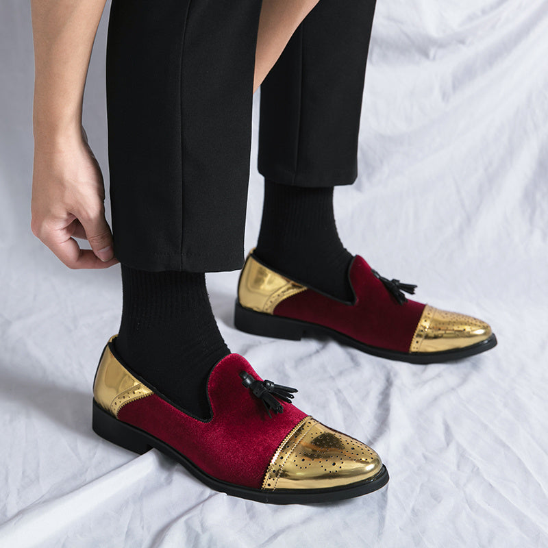 Men's green and golden brogue loafers by SHOWLU FASHION STORE, slip-on formal dress shoes with intricate brogue detailing.