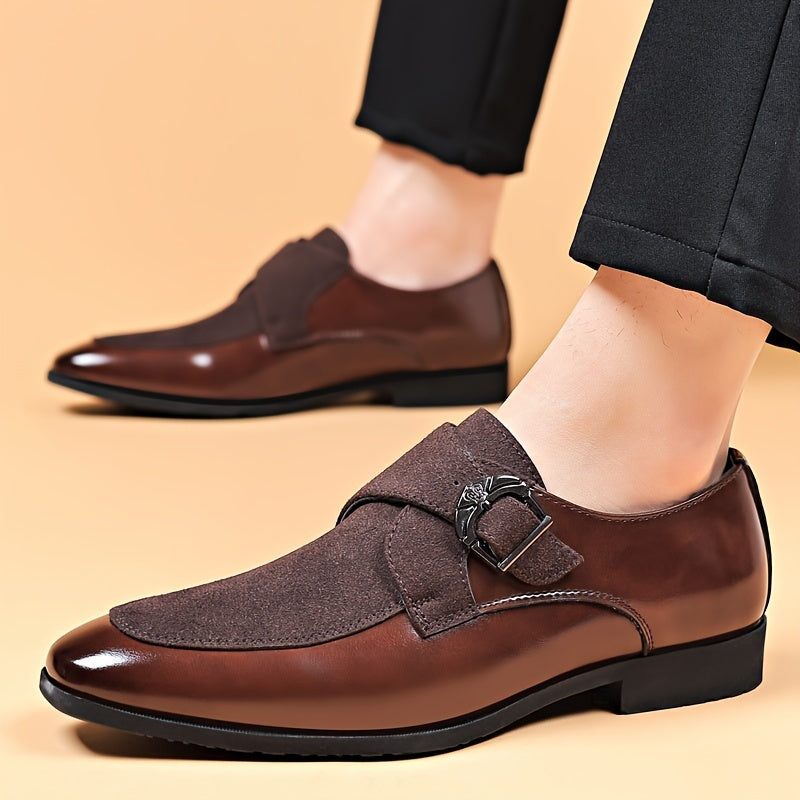 Showlu men's black pointed toe dress shoes made of faux leather, ideal for business formal attire.