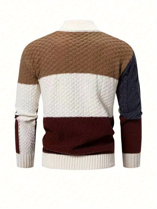 [Korean Style, Men's Pullover] Trendy Korean Style Men's Autumn and Winter Color Block Stand Collar Long Sleeve Loose Casual Comfortable Daily Commute Pullover
