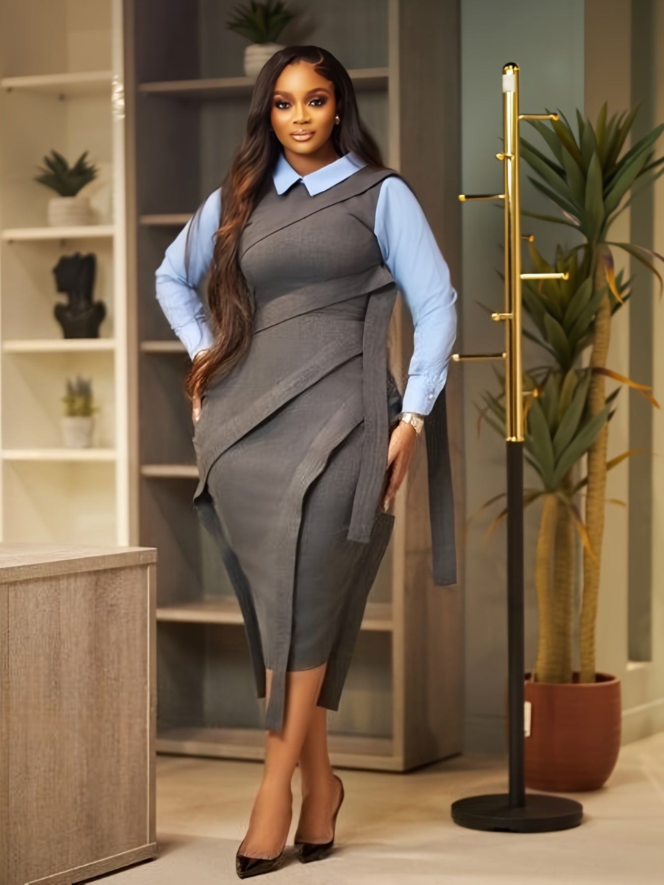 SHOWLU FASHION solid color waist pleat tie-strap straight shirt dress displayed on a hanger with a collar and long sleeves.