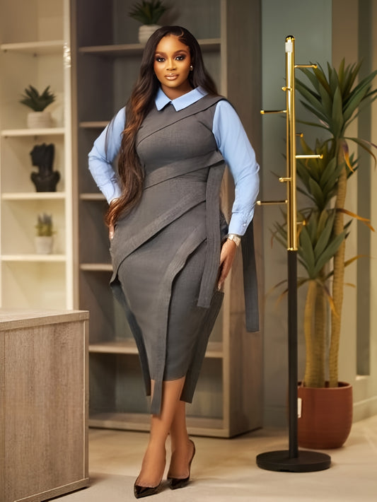 Waist Pleat Tie-Strap Straight Shirt Dress