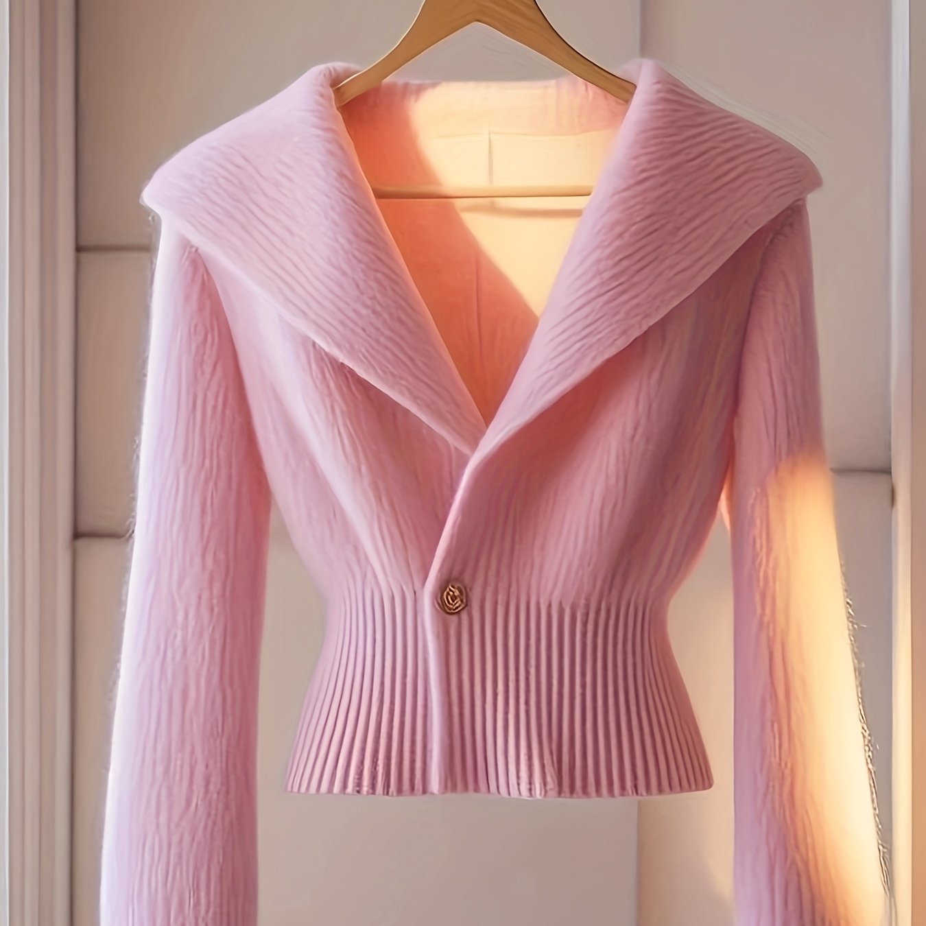 Pink dopamine knit cardigan with V-neck and long sleeves by SHOWLU FASHION, styled as a cozy, fashionable top.