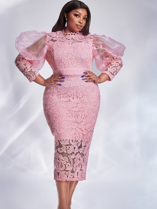 Design Lus Size Women's Elegant Ink Lace Off-the-Shoulder Formal Midi Dress - Puff Sleeve Round Neck, Bodycon Fit, Machine Washable, All-Season Solid Color for Weddings & Galas