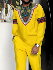 [African-Inspired Suit] Breathable Knit Polyester Men's African-Inspired Suit - White with Green, Red, Black Accents | Formal & Casual Events, Machine Washable, Round Neck Design, Comfortable Fit, PLUS SIZE, Business Party Ou