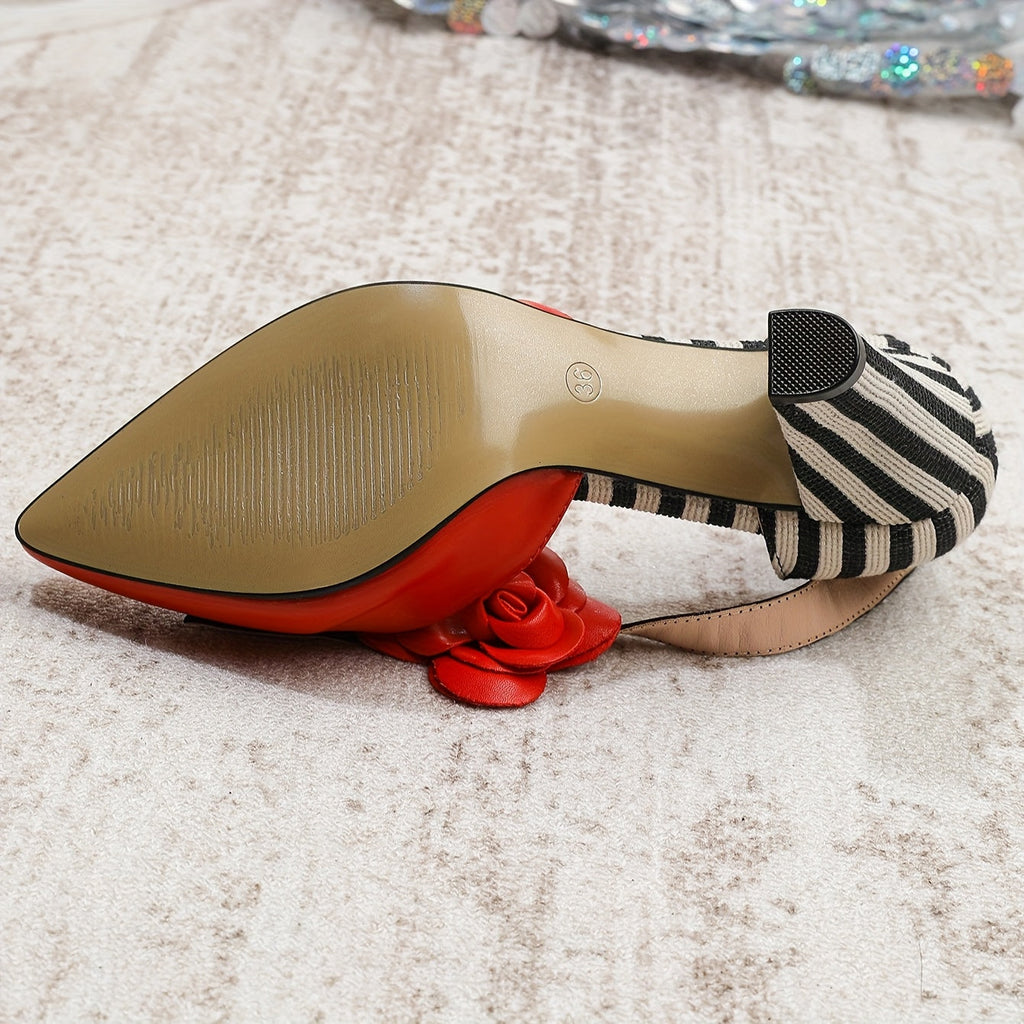 SHOWLU FASHION women's pointed-toe block heel pumps with red flower embellishment, stylish and elegant footwear.