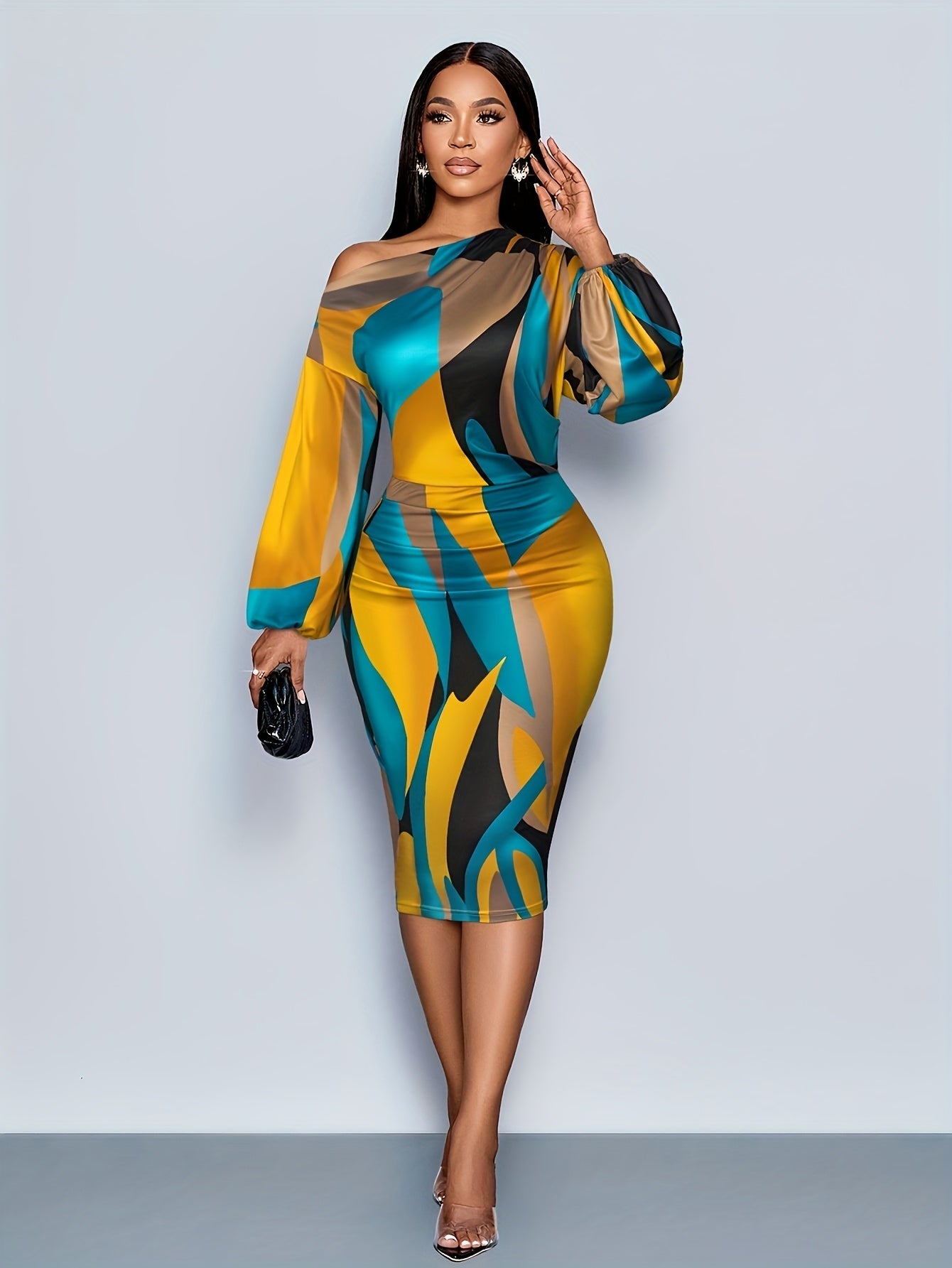 SHOWLU FASHION women's geometric off-shoulder bodycon pleated dress displayed on a model, featuring bold patterns and a fitted silhouette.