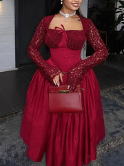 Elegant Lace Stitching Square Neck Large Skirt Button Long Sleeve Dress Ladies Long Party Commuter Dress Dress