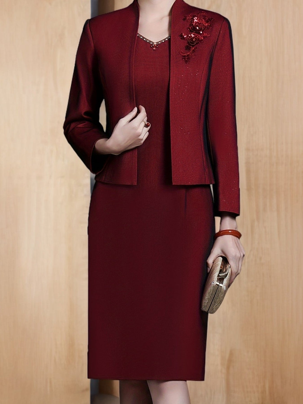 Wine red two-piece dress set by SHOWLU FASHION featuring floral embroidery and a sundress design with stylish details.
