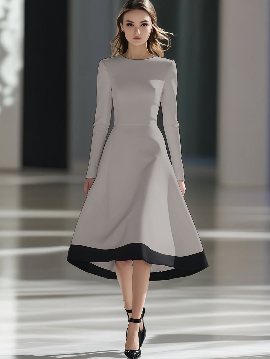 SHOWLU FASHION Women's Burgundy Long Sleeve Midi Dress, A-Line Knit, stylish and comfortable for casual or semi-formal wear