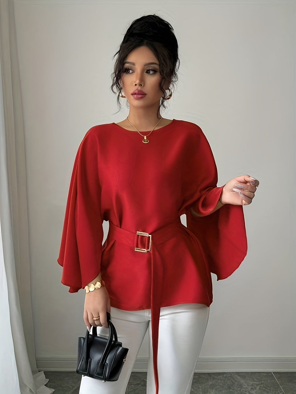 Light blue long sleeve belted blouse by SHOWLU FASHION with elegant crew neck and stylish fit, perfect for sophisticated casual wear.