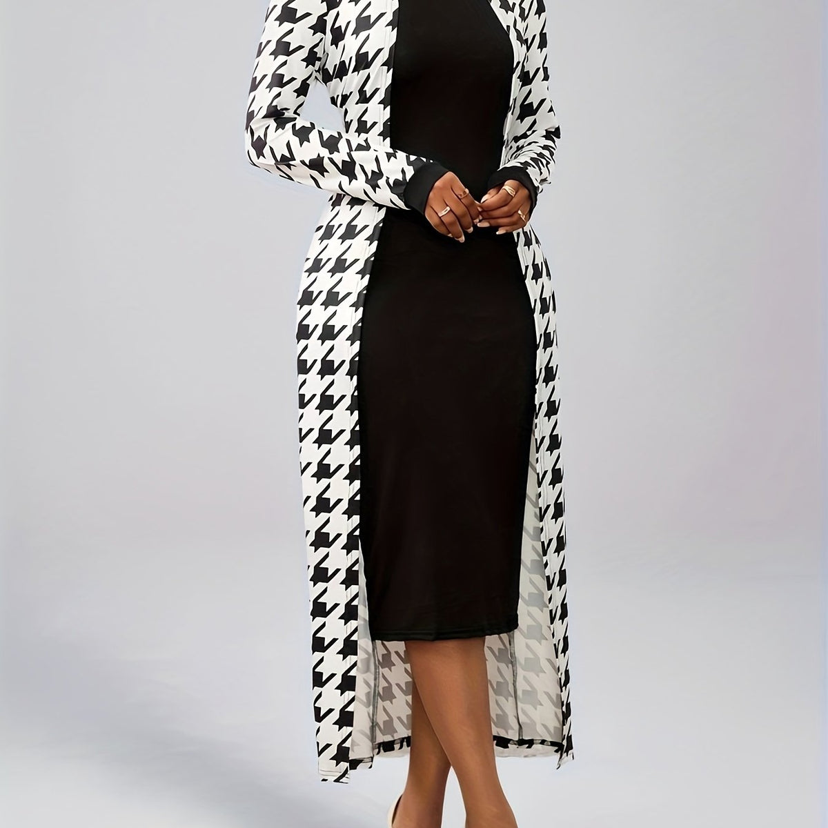 Women's Fashionable and Elegant Casual Houndstooth Pattern Long Sleeve Dress without Belt, Elegantly Targeted