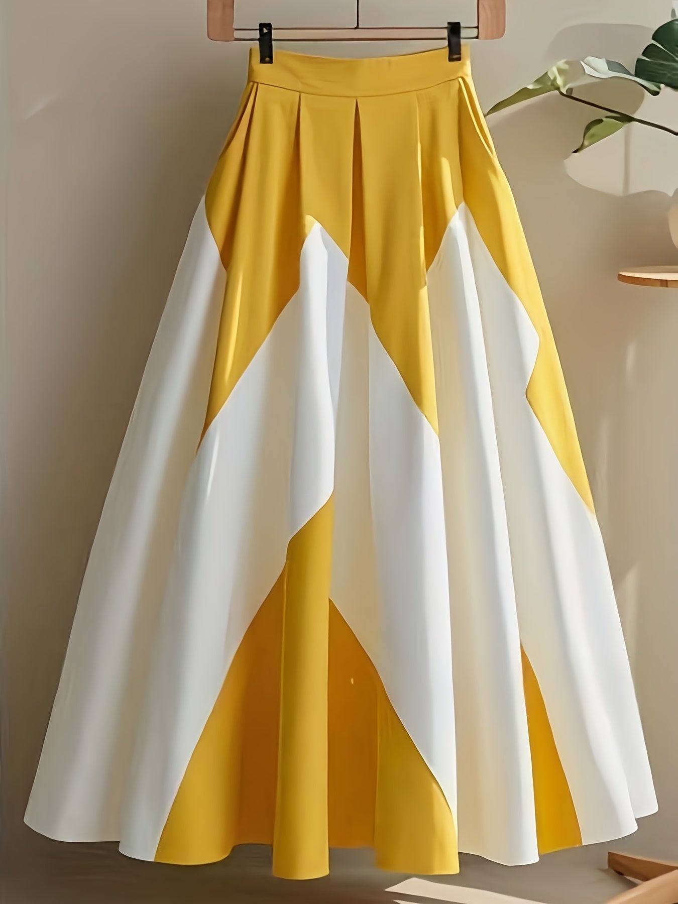 Yellow and white striped high-waist A-line skirt by SHOWLU FASHION, made of polyester, shown on a hanger.