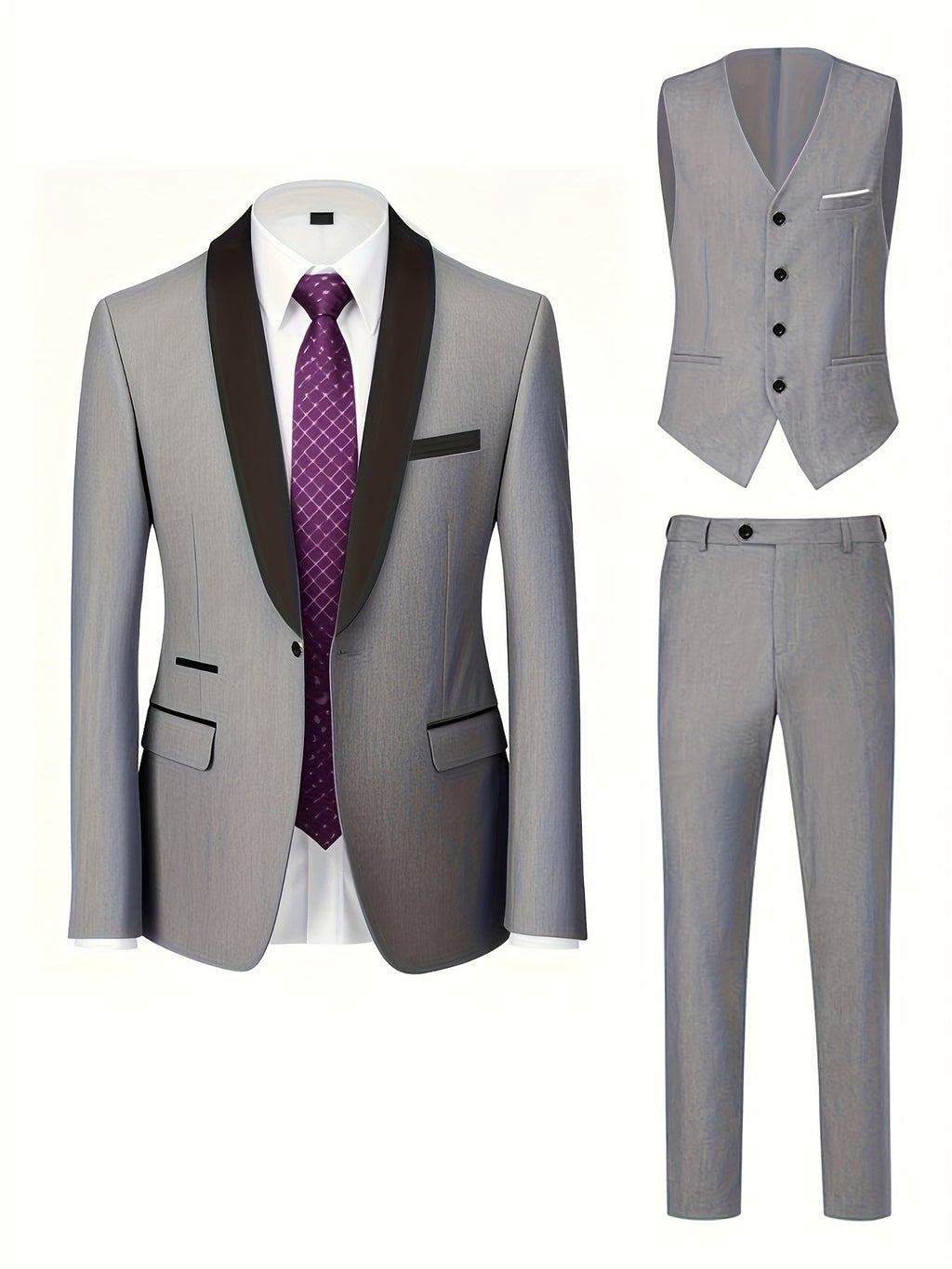 SHOWLU FASHION men's 3-piece suit with shawl collar jacket, vest, and matching pants displayed on a hanger.
