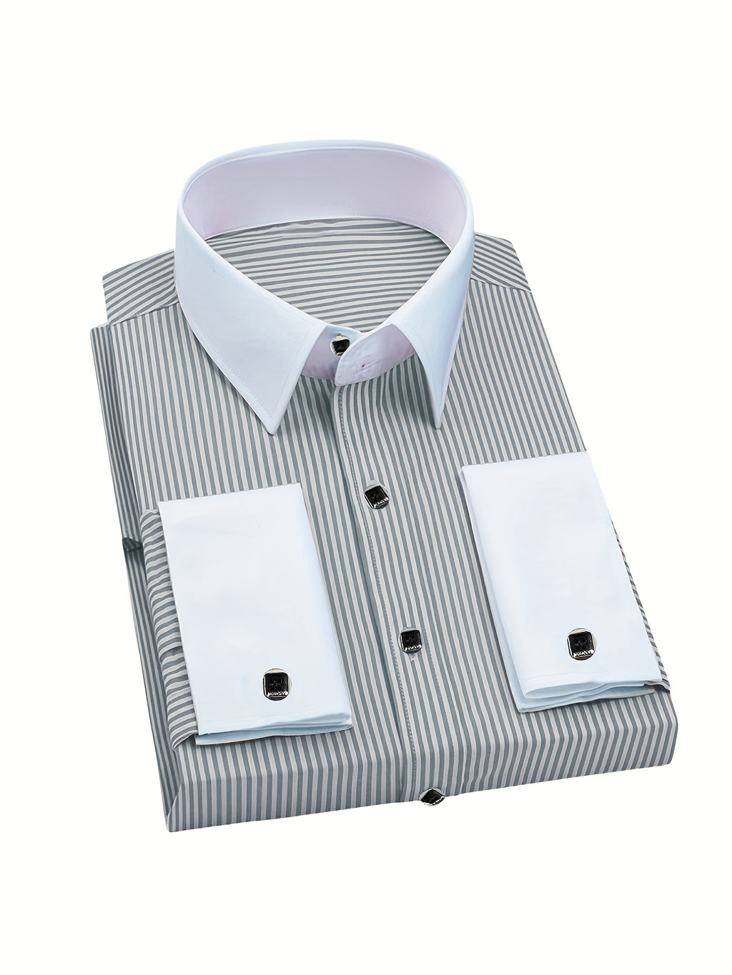 Showlu Men's slim fit striped formal shirt with French cuffs, made of polyester, displayed on a hanger.
