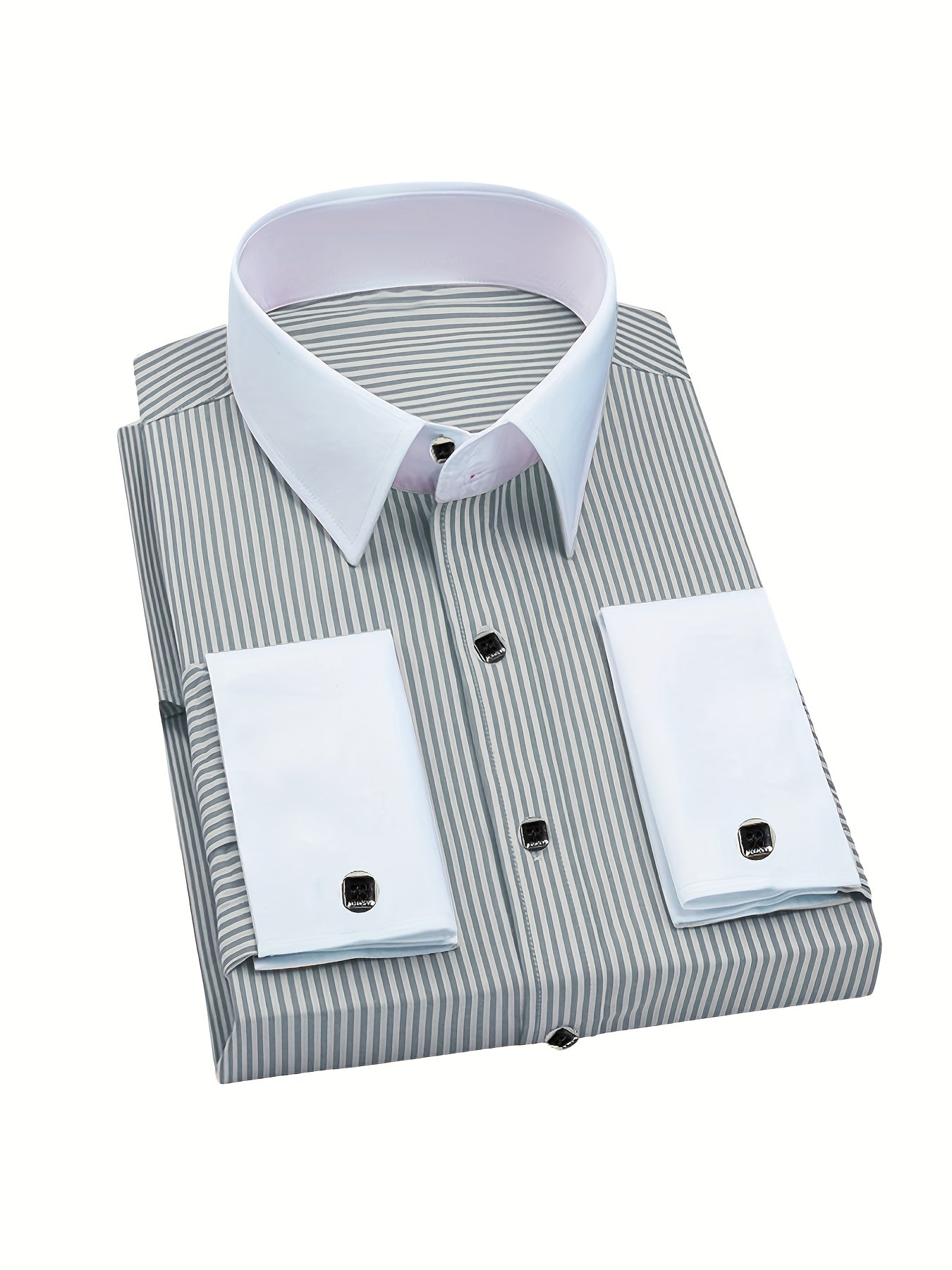 Showlu Men's slim fit striped formal shirt with French cuffs, made of polyester, displayed on a hanger.