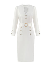 Elegant V-Neck Polyester Dress for Women - All-Season Fitted Solid Color with Fake Buttons and Woven Fabric, 270g/m² - Perfect for Adult