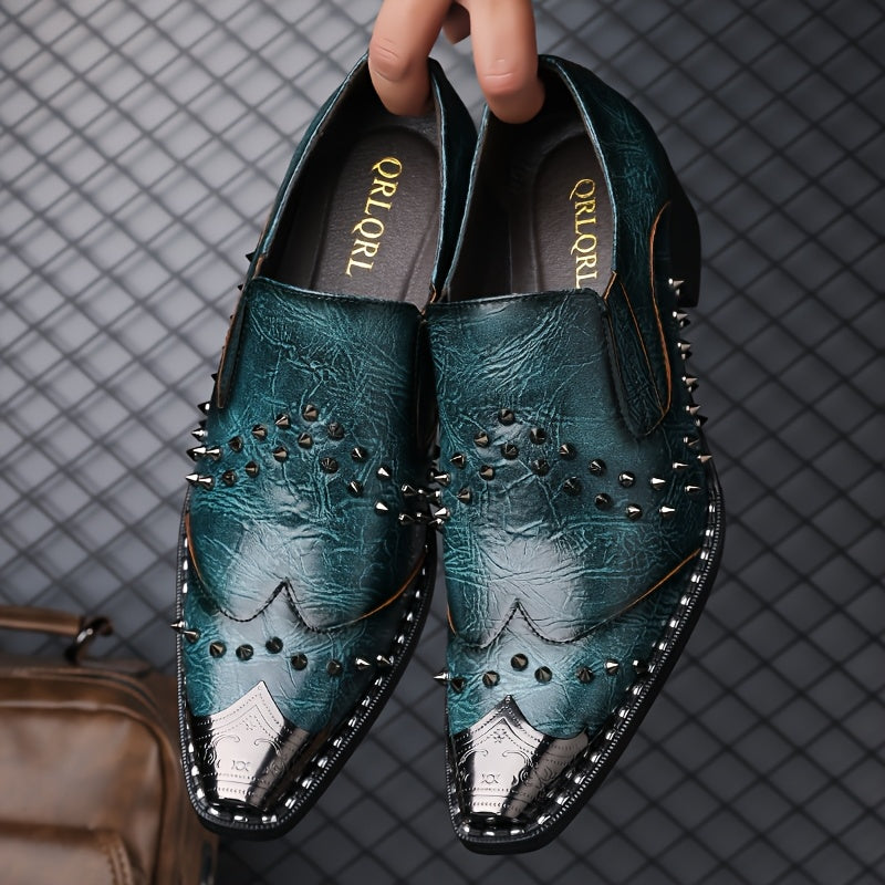 Men's pointed toe slip-on business casual shoes by Showlu Fashion, featuring punk style PU leather in black with sleek design.