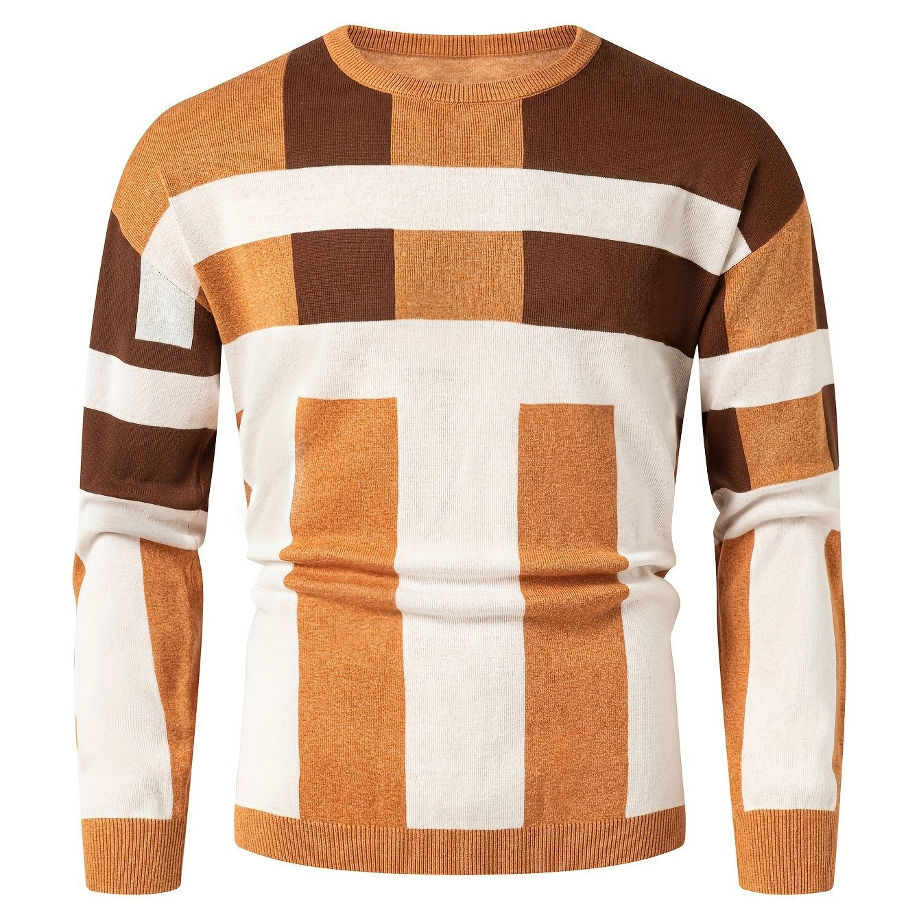 SHOWLU Men's color block knit sweater with slim fit viscose crew neck, featuring bold color sections and a comfortable, stylish design.